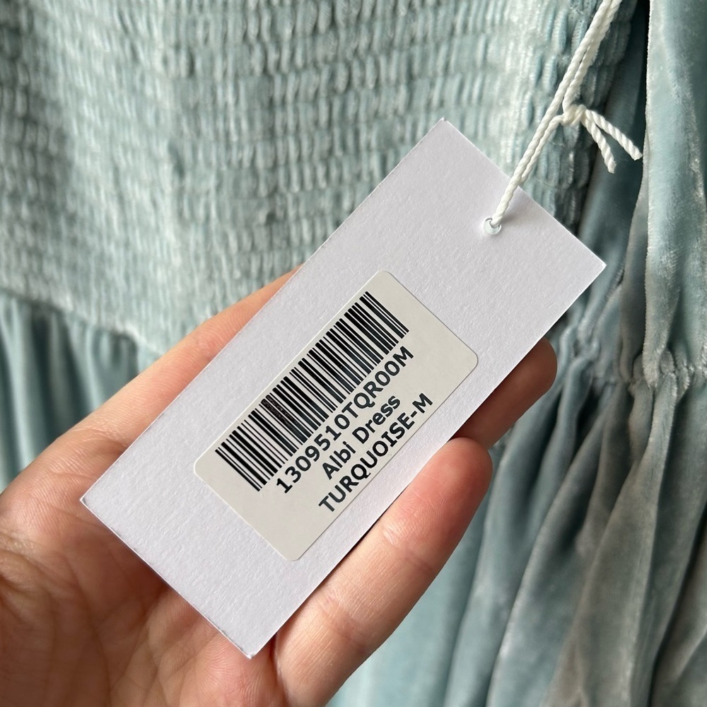 [M] BNWT Reformation Albi Dress In Turquoise Velvet Ruffle Sleeve Mini Dress - Picture 15 of 15
